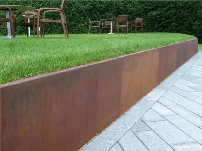 High-grade corten steel retaining wall section with precision-cut edges.