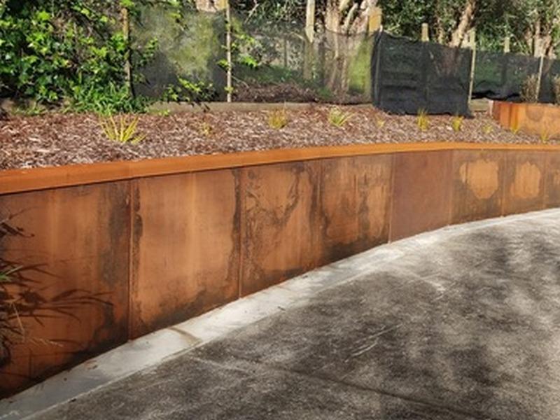 Contrast of green native plants against a rusted corten steel retaining wall.