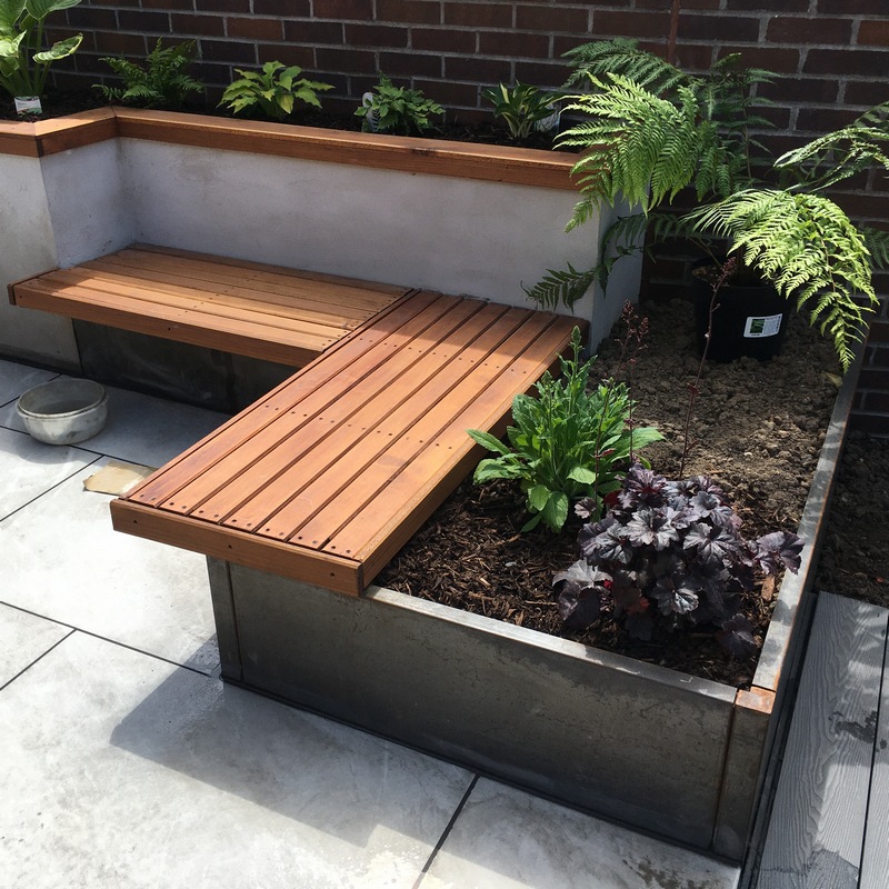 corten L shaped planter with seating