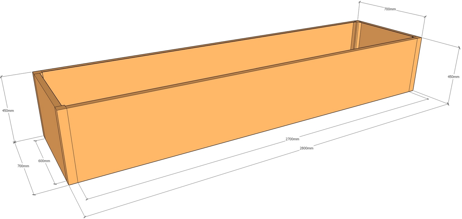rectangular corten planter 2800 mm long x 700mm x 450mm tall layout