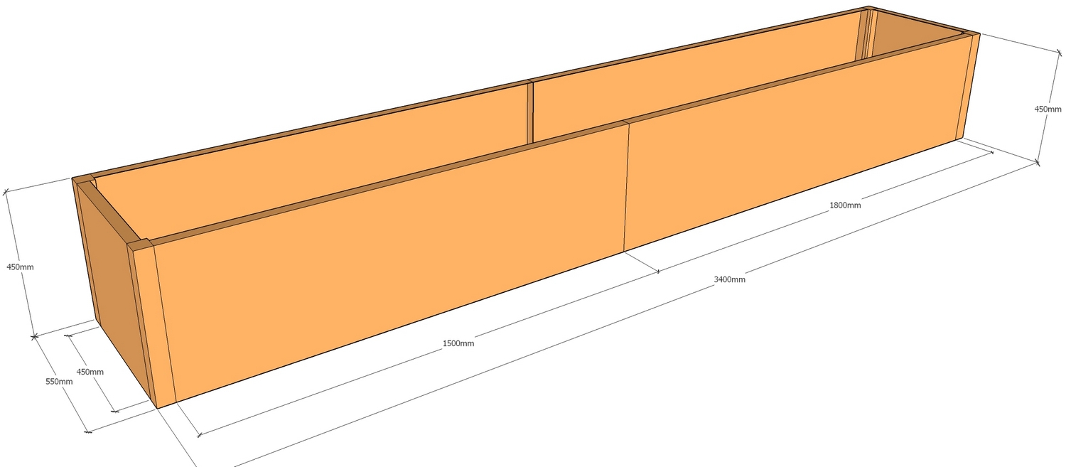 rectangular planter 3400mm long x 550mm wide x 450mm tall layout