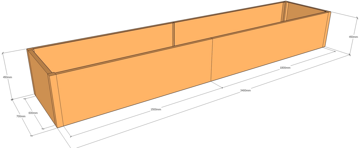 corten rectangular planter 3400mm long x 700mm wide x 450mm tall layout
