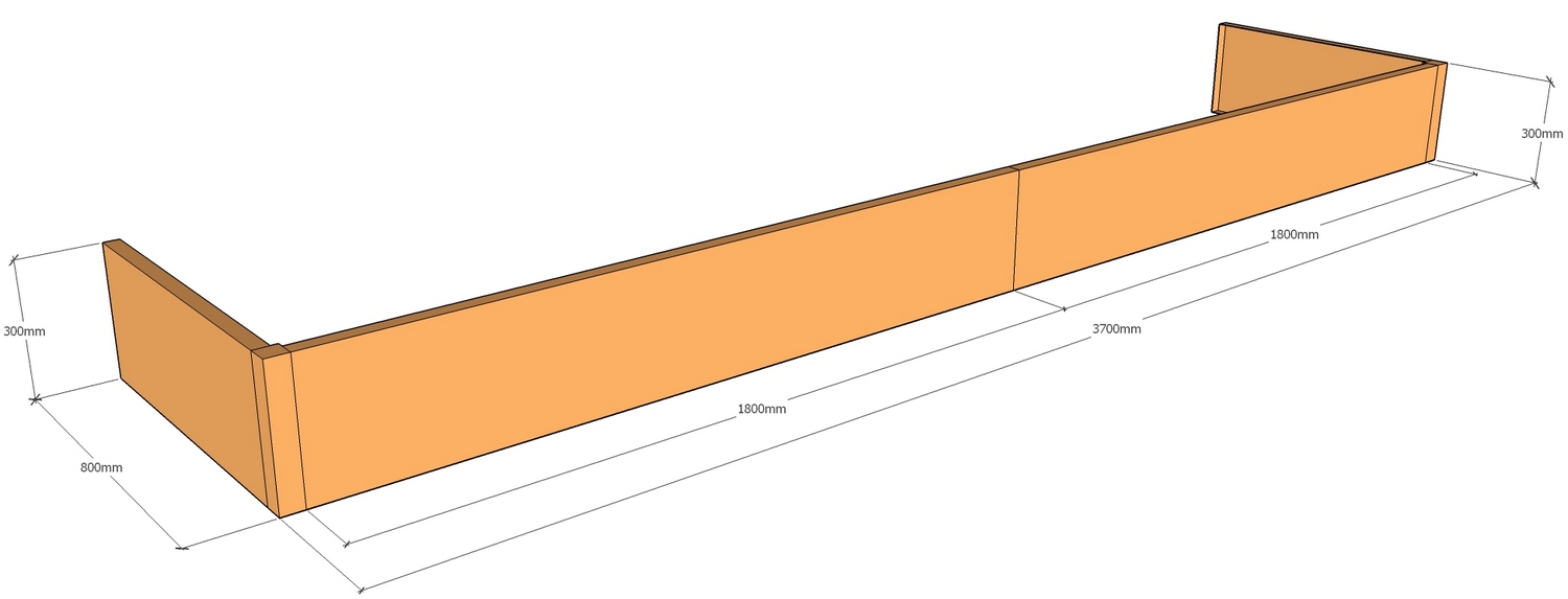 corten backless planter 3700mm long x 800mm wide x 300mm tall layout drawing