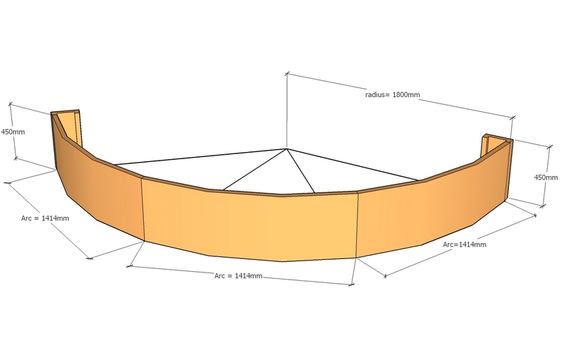 corten retaining wall curved 4.37m long x 1800mm radius x 450mm tall layout