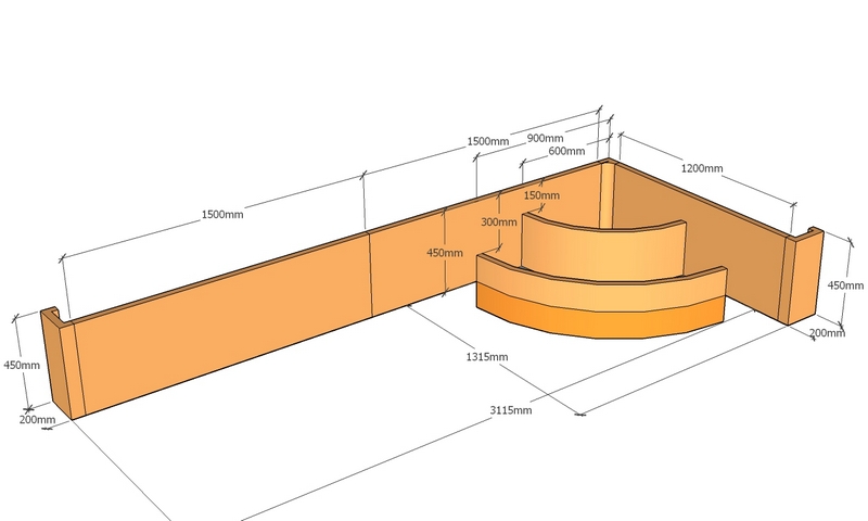corten retaining wall layout with curved steps 3.115m long x 450mm tall drawings