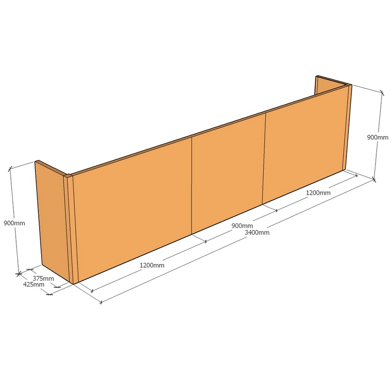 corten backless layout 3400mm long x 425mm thick x 900mm tall