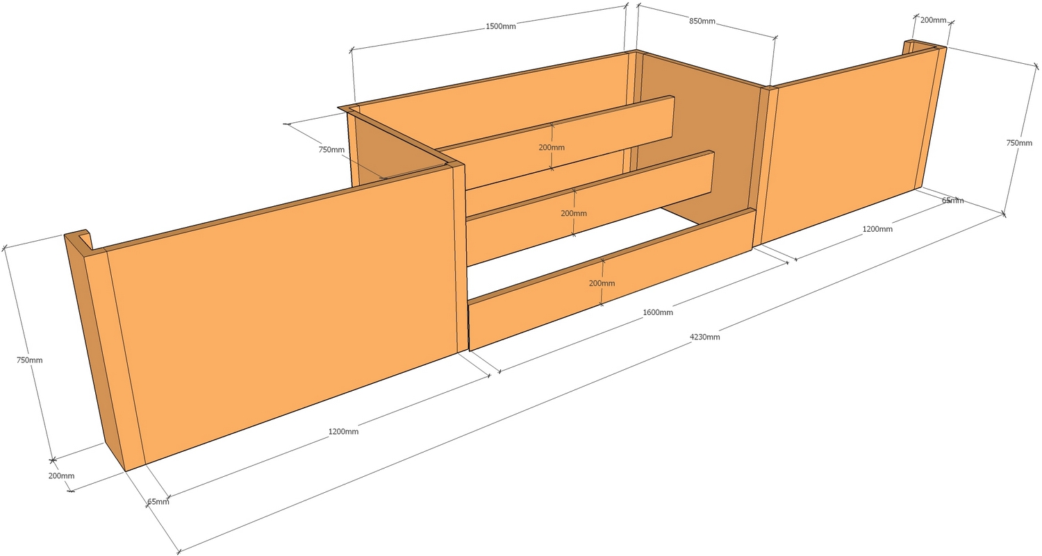 corten reatining wall layout 4.23m long x 750mm tall with 1600mm wide steps