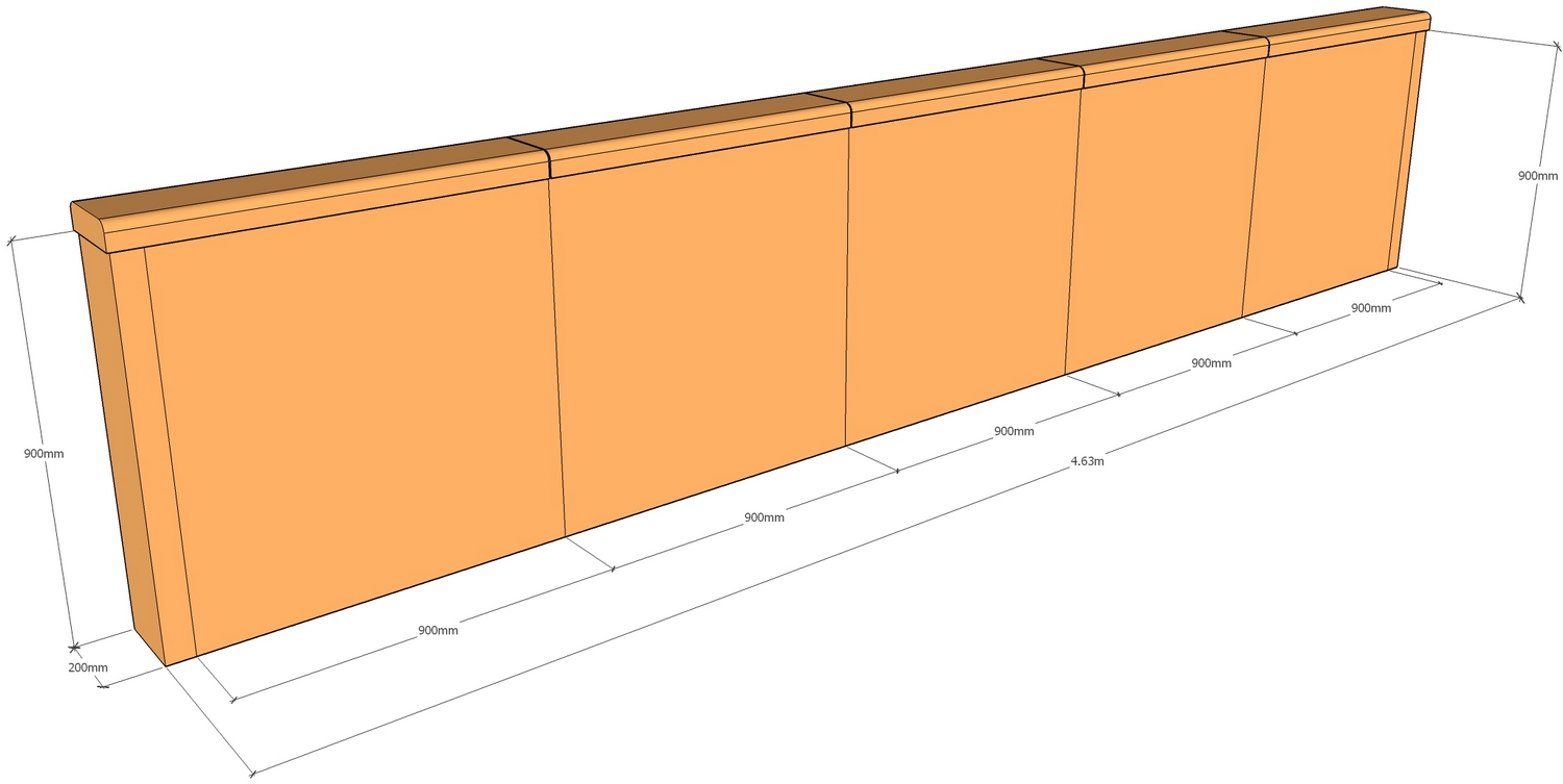corten retaining wall layout 6.63m long x 900mm tall with capping
