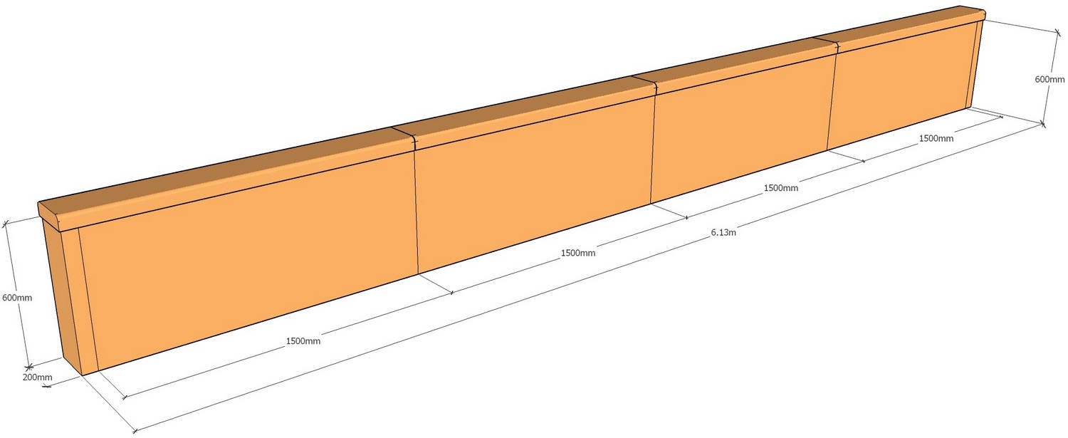 corten retaining wall layout 6.13m long x 600mm tall with capping layout