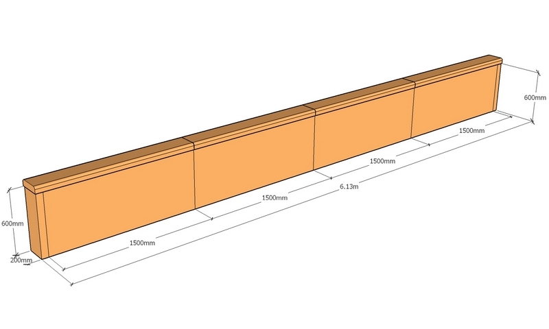 corten retaining wall layout 6.13m long x 600mm tall with rounded top capping