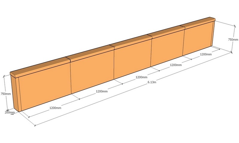 corten retaining wall layout 6.13m long x 750mm tall with rounded capping