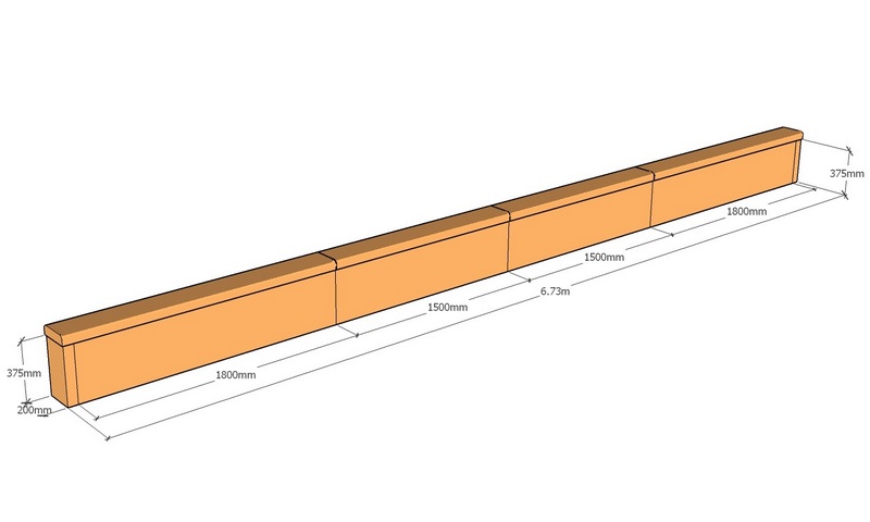 corten retaining wall layout 6.73m long x 375mm tall