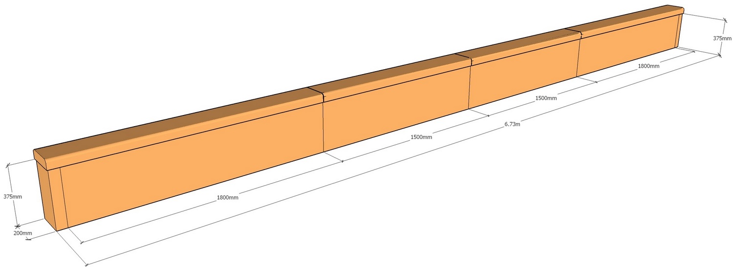 corten retaining wall 6.73m long x 375mm tall with rounded capping